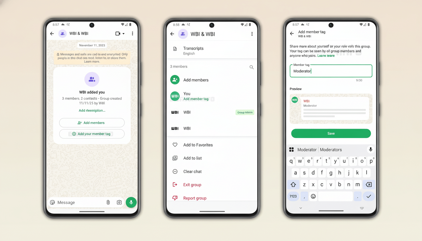 A 16:9 aspect ratio image showing three smartphone screens displaying a messaging app interface. The first screen shows a group chat with a message about end-to-end encryption and options to add members and a member tag. The second screen displays group details including transcripts, members, and options to add to favorites, list, clear chat, exit group, or report group. The third screen shows the Add member tag interface with Moderator typed into the input field and a preview of how the tag will appear.