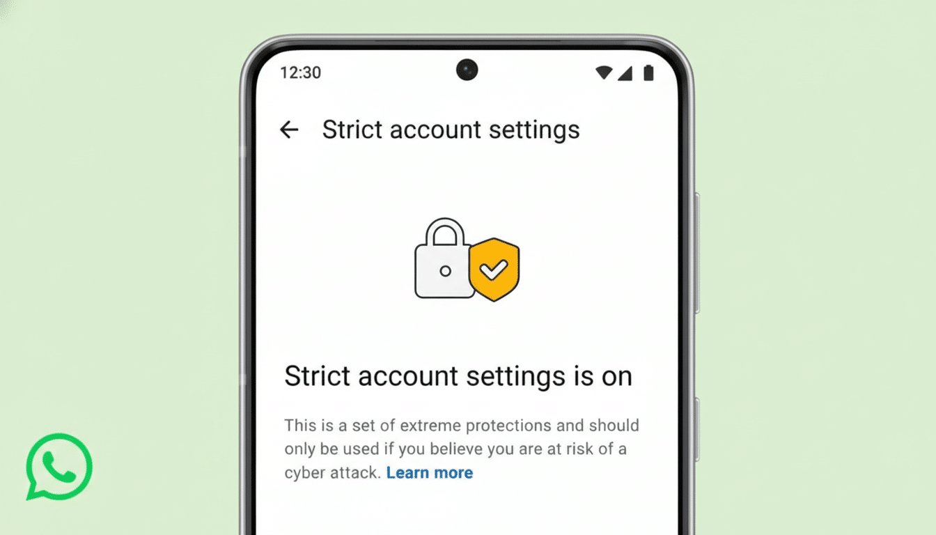 A smartphone displaying Strict account settings is on with a lock and shield icon, set against a light green background.