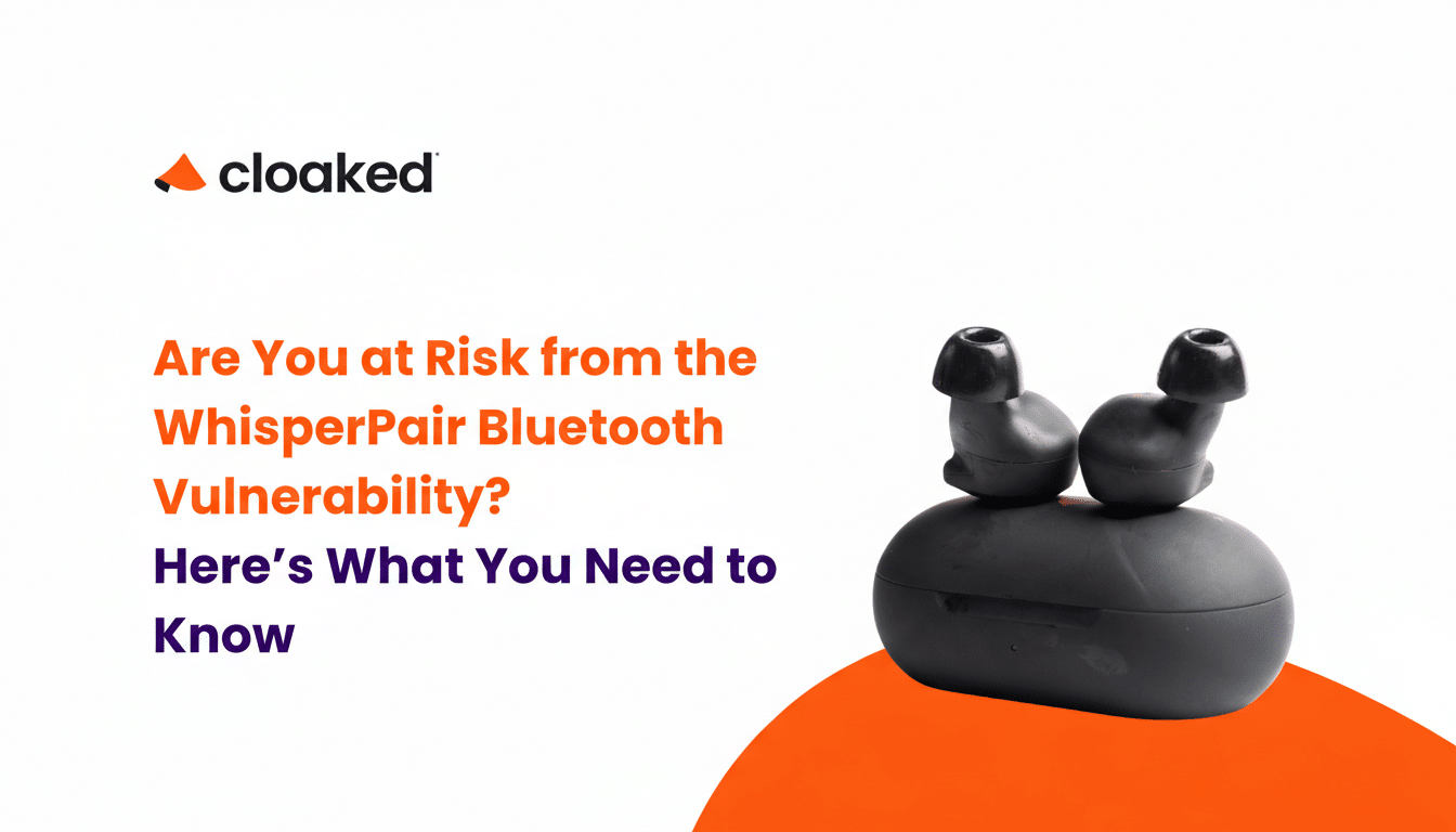 Bluetooth earbuds with warning icon highlighting WhisperPair bug hijack risk