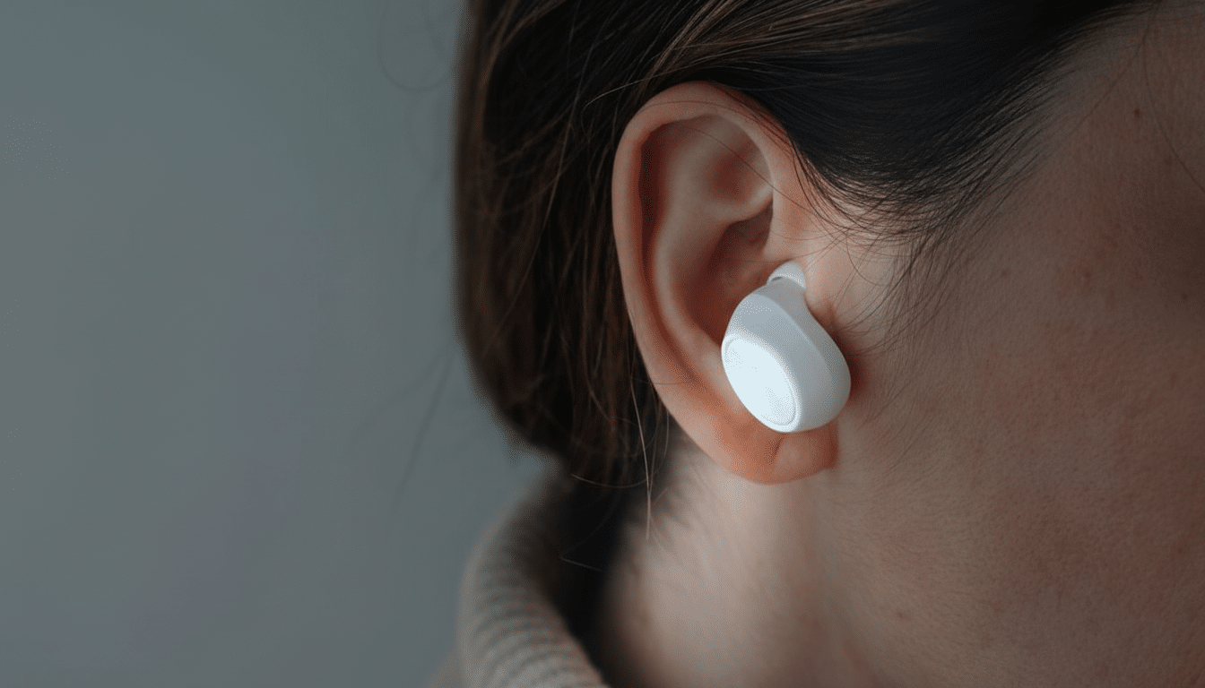 A close-up shot of a white wireless earbud in a persons ear, with the original background maintained and resized to a 16:9 aspect ratio.
