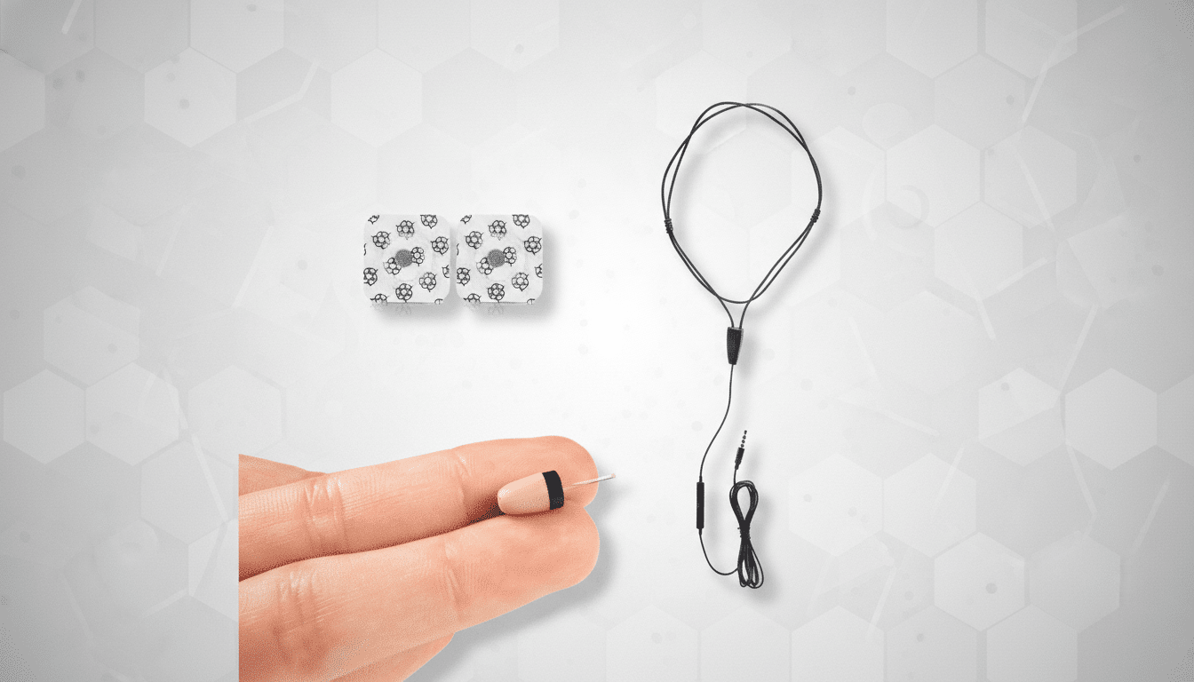 A professional image of a tiny, flesh-toned earpiece held between two fingers, next to a small white card with a pattern of black symbols, and a black wired earpiece with a 3.5mm jack, all set against a subtle grey background with a geometric pattern.