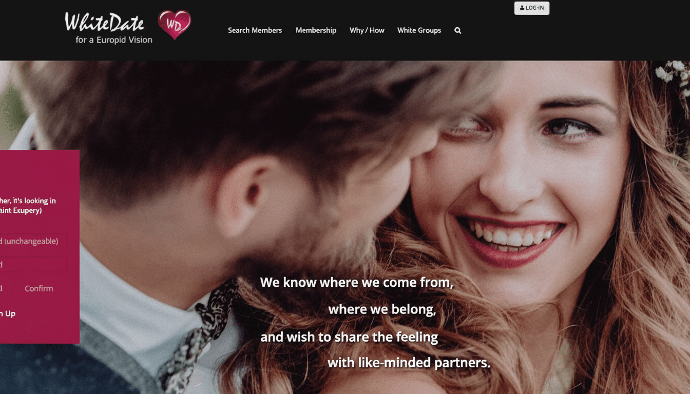 A screenshot of the WhiteDate website, featuring a smiling woman looking at a man, with text overlay We know where we come from, where we belong, and wish to share the feeling with like-minded partners.
