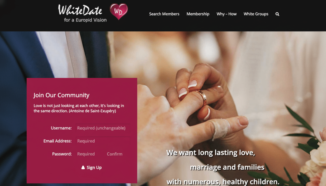 A website screenshot of WhiteDate for a Europid Vision with a close-up of a wedding ring being placed on a finger in the background.