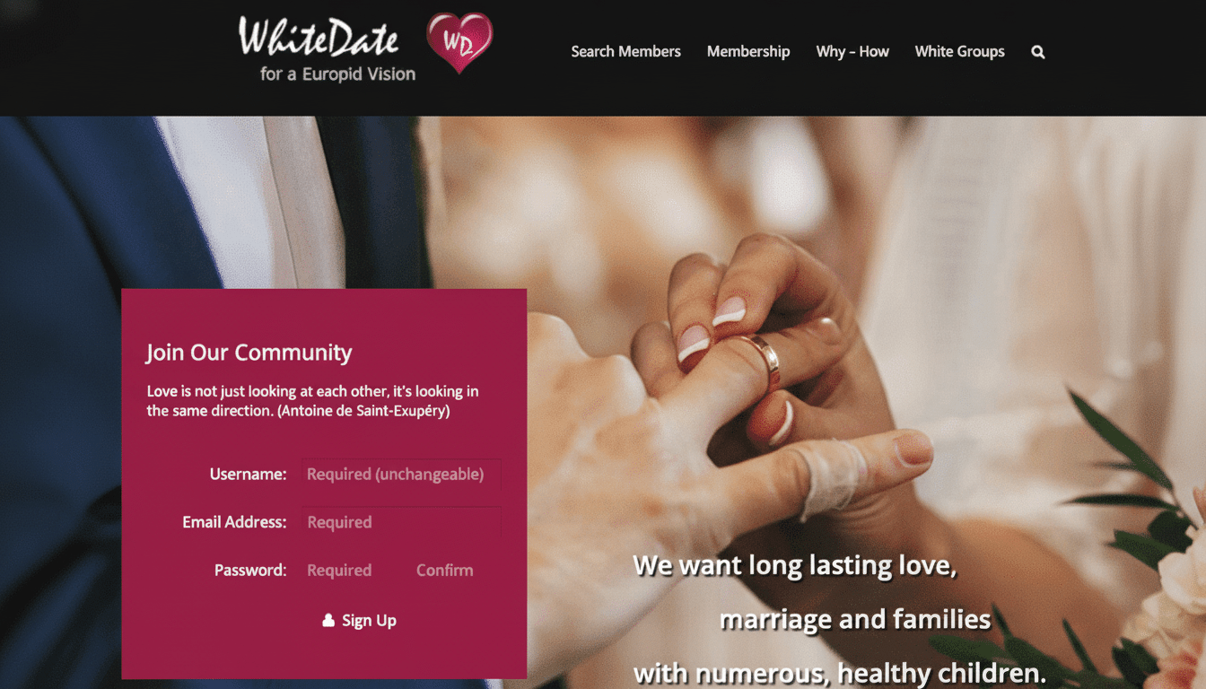 A screenshot of the WhiteDate website, featuring a login form on the left and a blurred image of a wedding ceremony in the background.