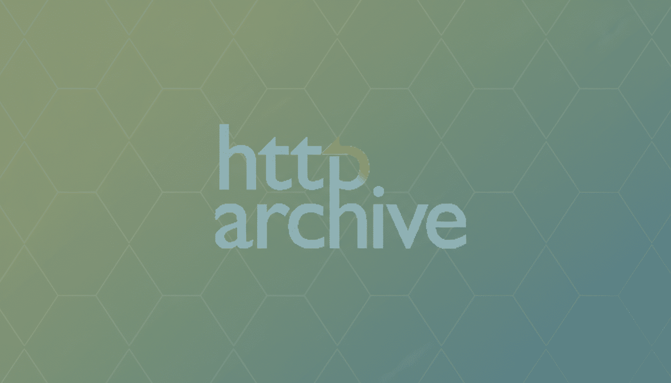 The HTTP Archive logo, featuring the word http. in light blue with a golden arrow curving from the p back to the h, and archive in light blue below it, set against a professional flat design background with soft hexagonal patterns and a gradient from green to blue.