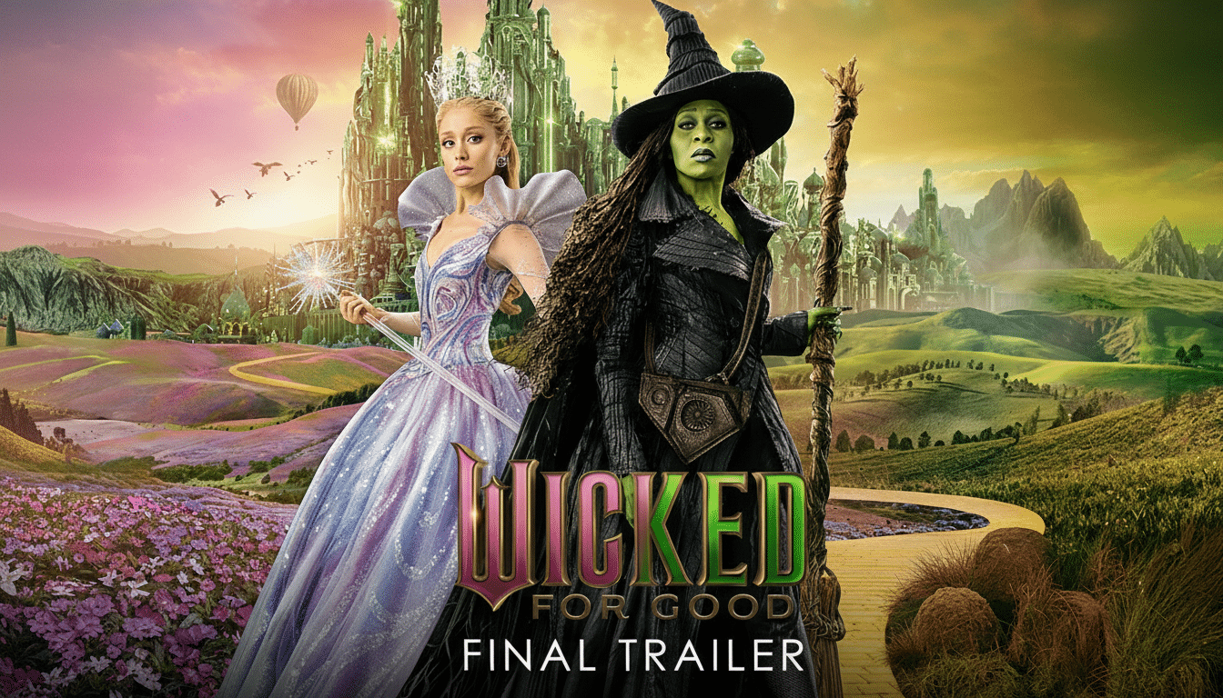 A promotional image for Wicked For Good Final Trailer featuring two women in elaborate costumes, one in a light, sparkling gown holding a wand, and the other in a dark witchs outfit with green skin, standing in a fantastical landscape with a grand castle in the background.