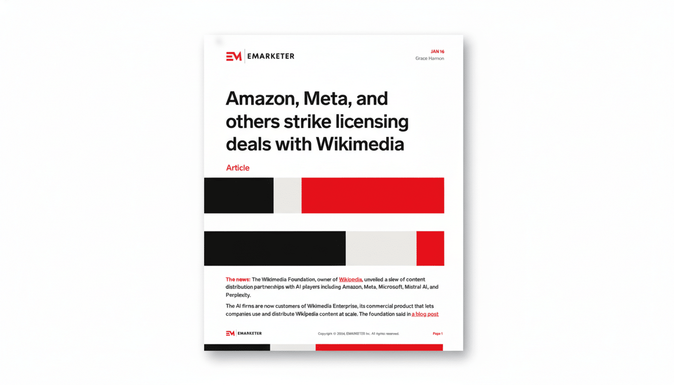 A document titled Amazon, Meta, and others strike licensing deals with Wikimedia from eMarketer, set against a clean, professional white background.