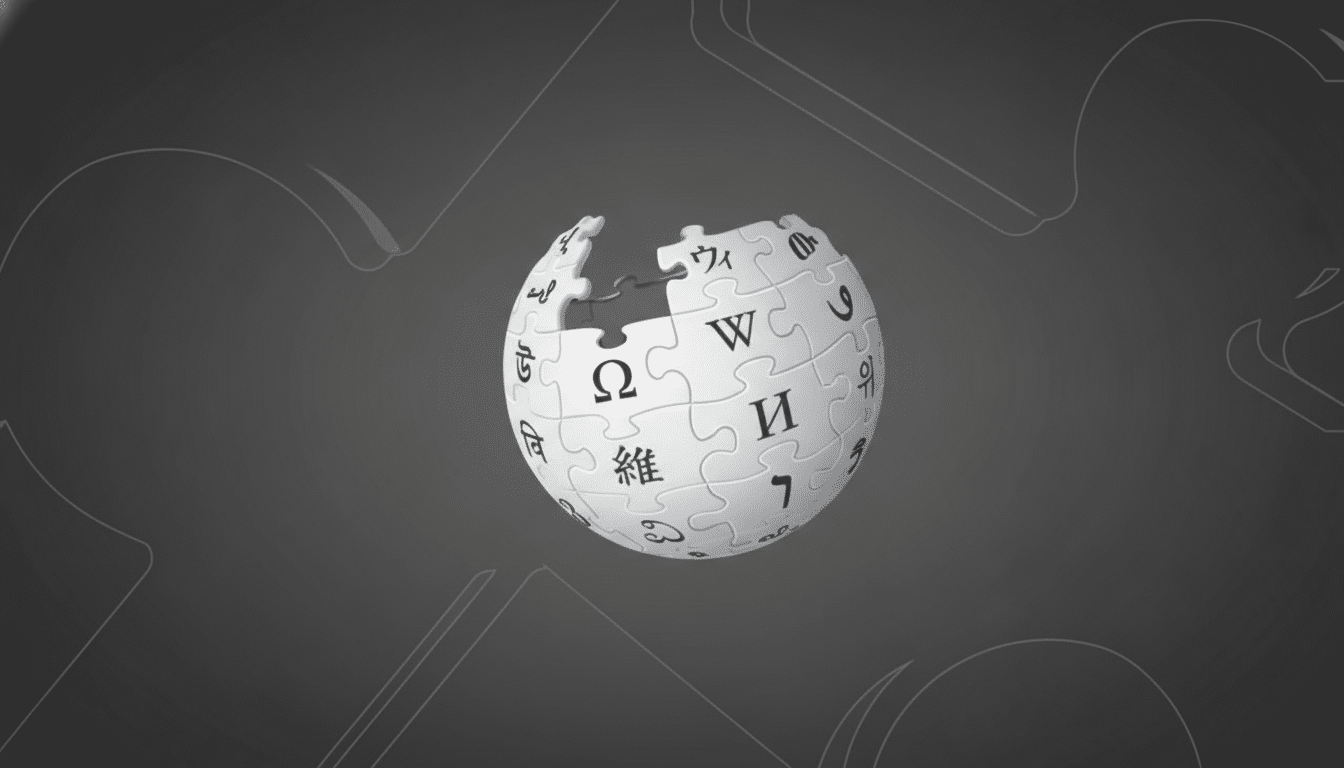The Wikipedia globe logo, a sphere made of puzzle pieces with various language characters, centered against a professional dark gray background with subtle, lighter gray abstract patterns.