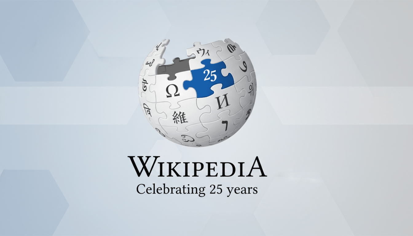 Wikipedia globe logo with 25th anniversary badge, celebrating open knowledge