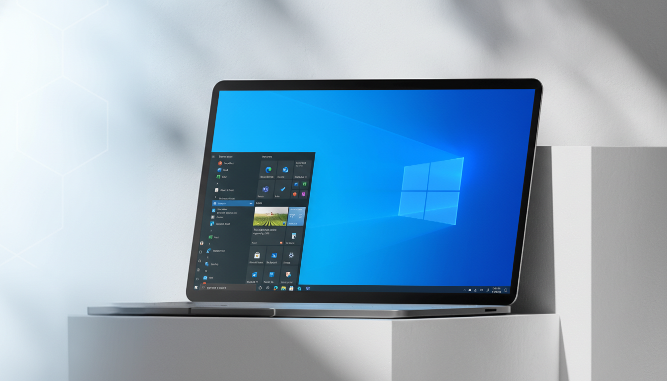 A laptop displaying the Windows 10 desktop and Start menu, set against a professional background with subtle geometric patterns.