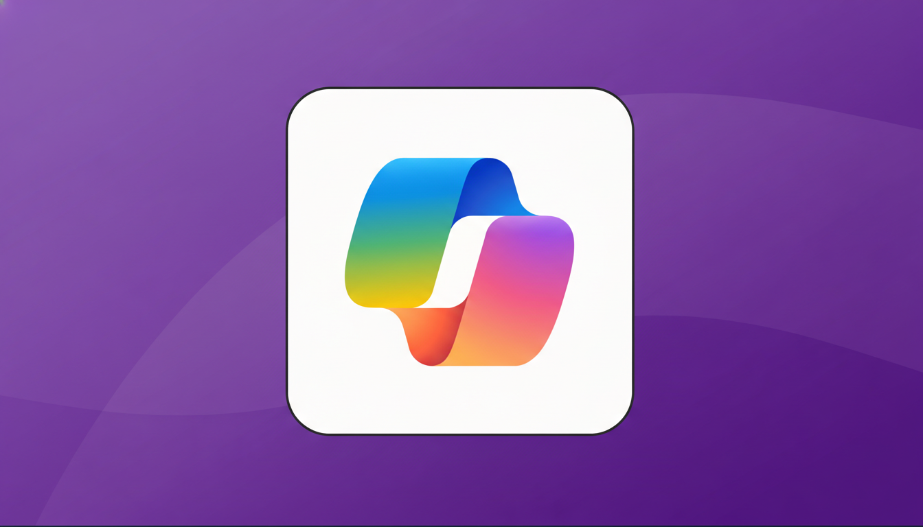 A 16:9 image featuring a colorful, ribbon-like logo on a white rounded square, set against a professional purple background with subtle, soft wave patterns.