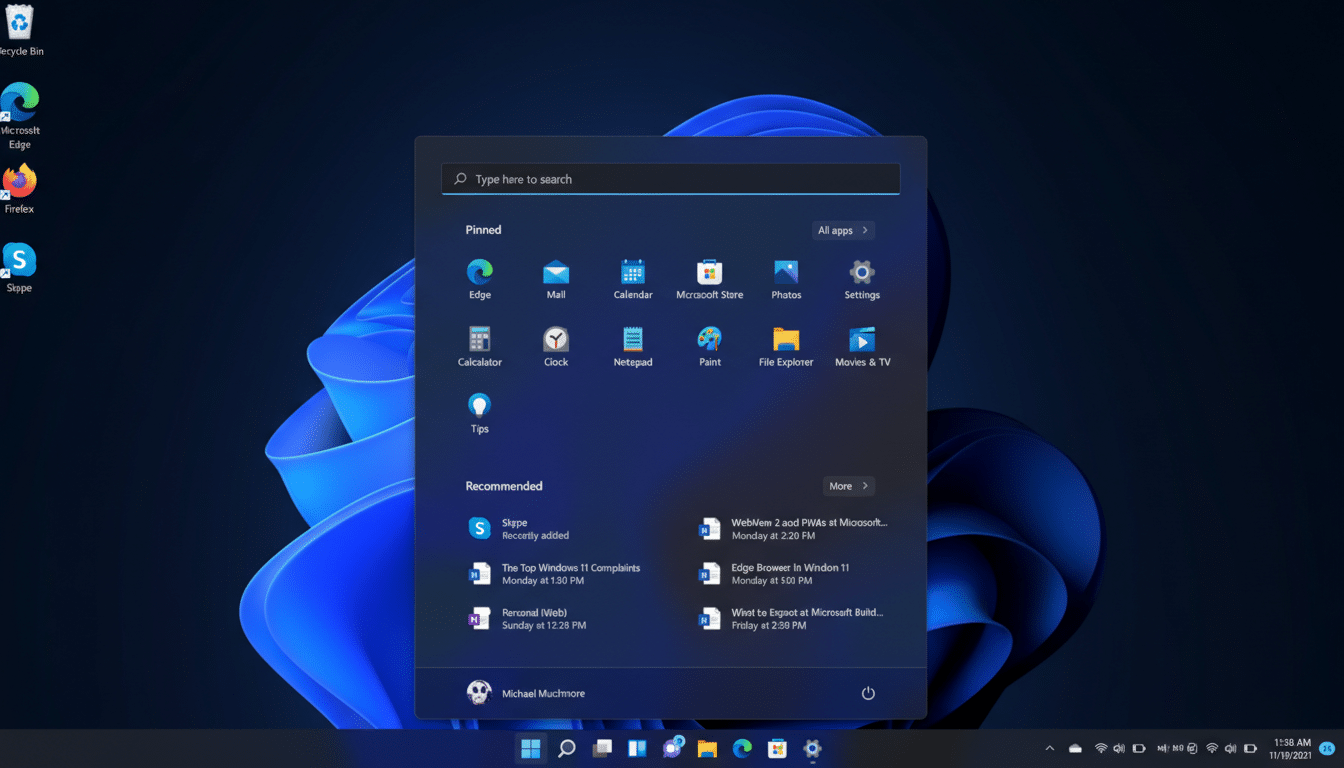 A screenshot of the Windows 11 desktop with the Start menu open, displaying pinned apps, recommended items, and the search bar.