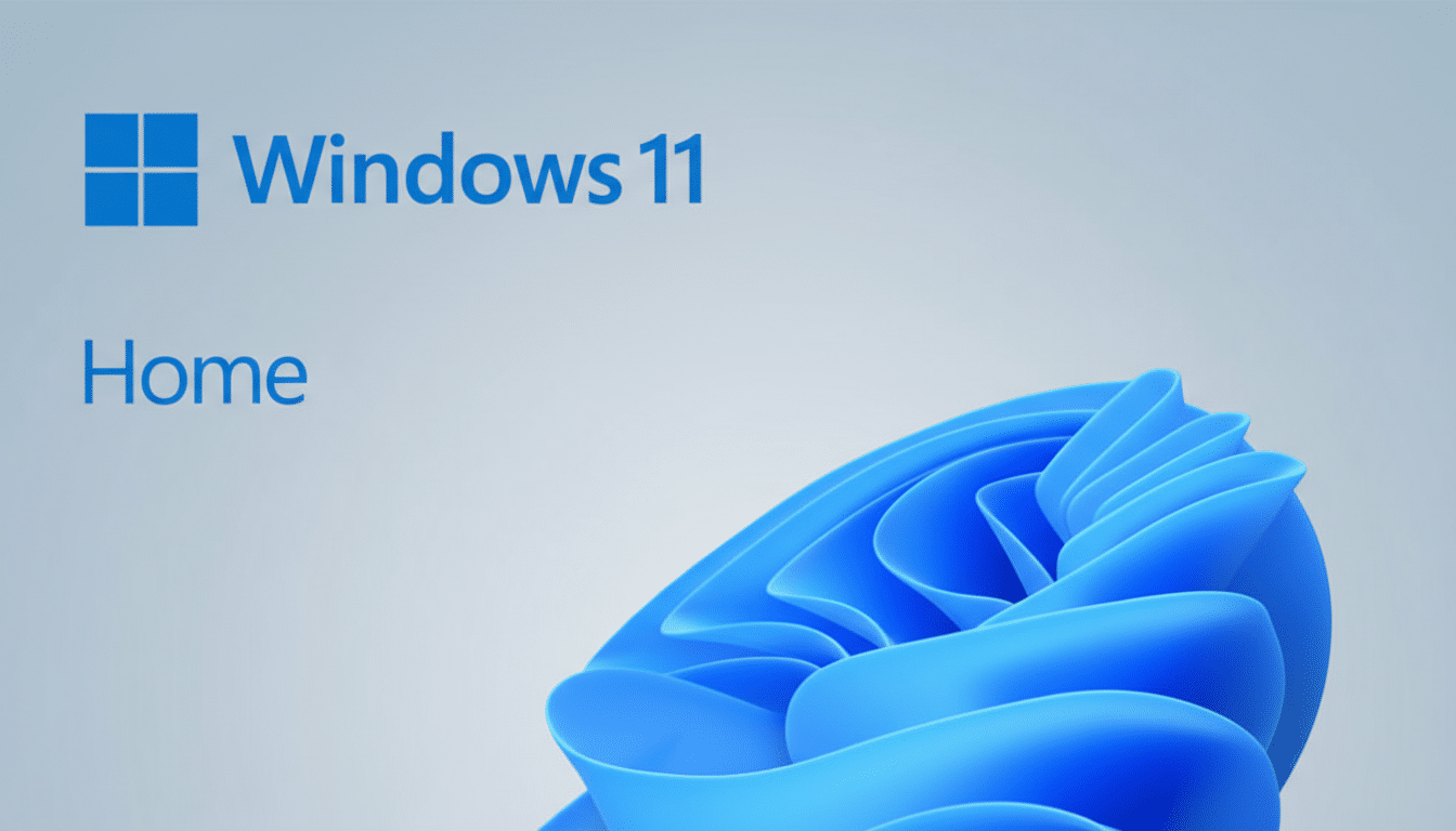 The Windows 11 Home logo and text are displayed on a professional flat design background with soft gradients, maintaining the original blue wavy design element.