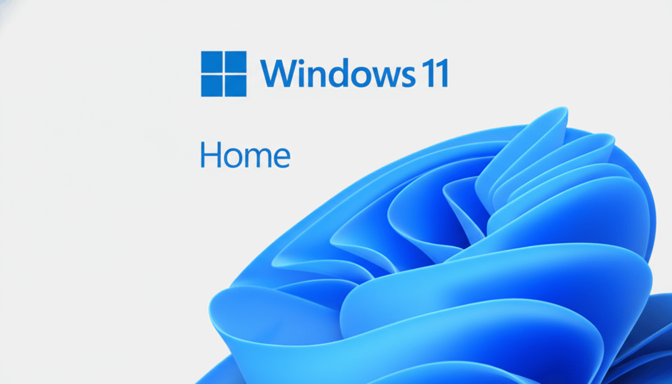 The Windows 11 Home logo and text on a light gray background with a blue, flowing abstract design in the foreground, resized to a 16:9 aspect ratio.