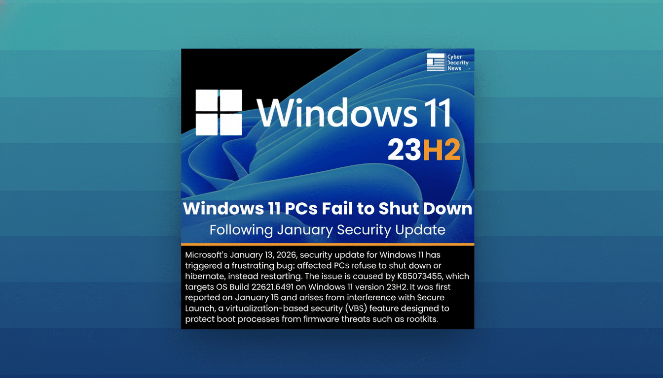 A resized image with a 16:9 aspect ratio, featuring the Windows 11 logo and text Windows 11 23H2 on a blue wavy background. Below it, the headline Windows 11 PCs Fail to Shut Down Following January Security Update is displayed, followed by a paragraph of text detailing the issue. The background has been changed to a professional flat design with soft blue and grey horizontal stripes.