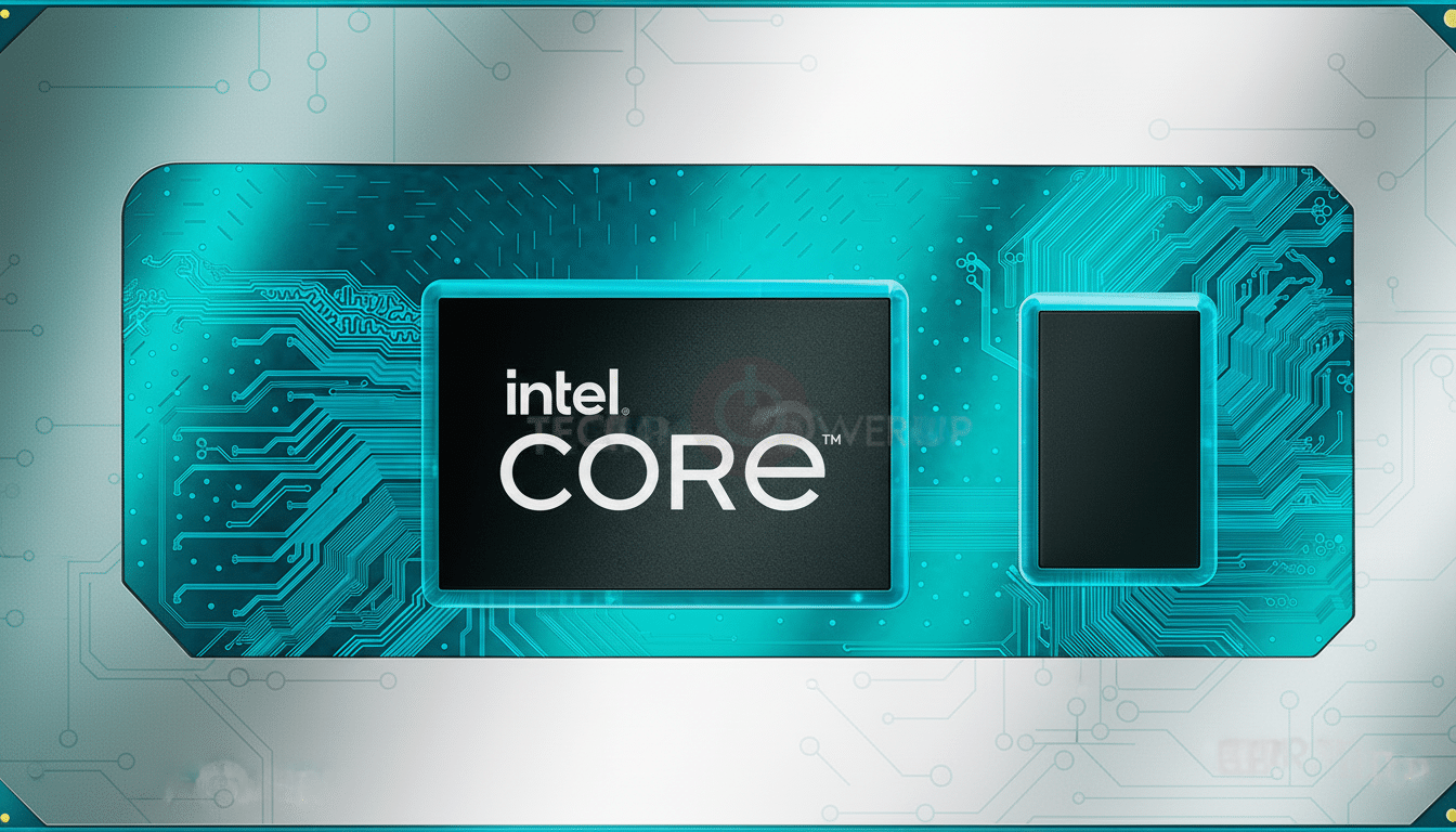 A close-up, professionally enhanced image of an Intel Core processor, resized to a 16:9 aspect ratio. The processor features a black screen displaying intel. CORE™ in white text, set against a teal circuit board design. The background is a professional flat design with soft patterns and gradients, maintaining the original products integrity.