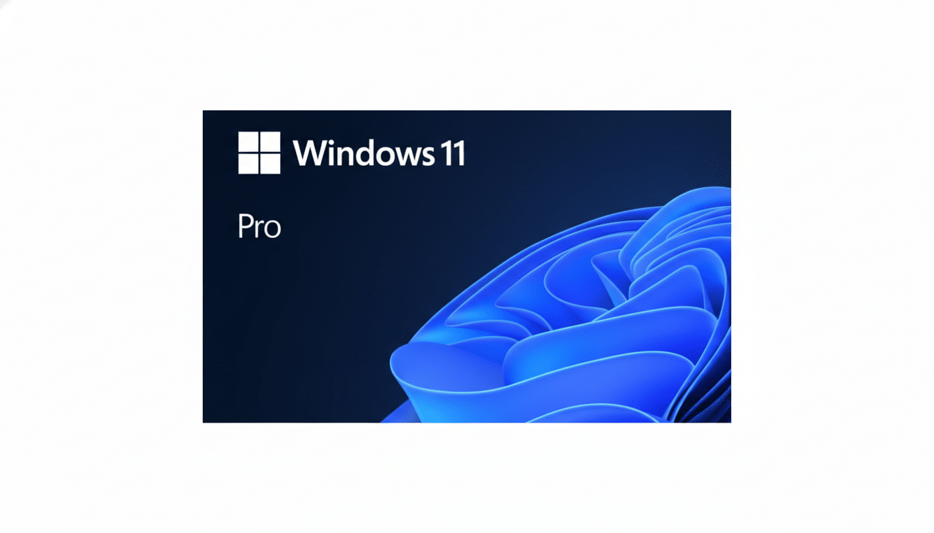 The Windows 11 Pro logo and text are displayed on a dark blue background with a stylized blue wave design, resized to a 16:9 aspect ratio with a white border.
