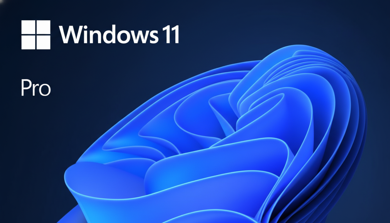The Windows 11 Pro logo and text are displayed on a dark blue background with a stylized blue wave design.