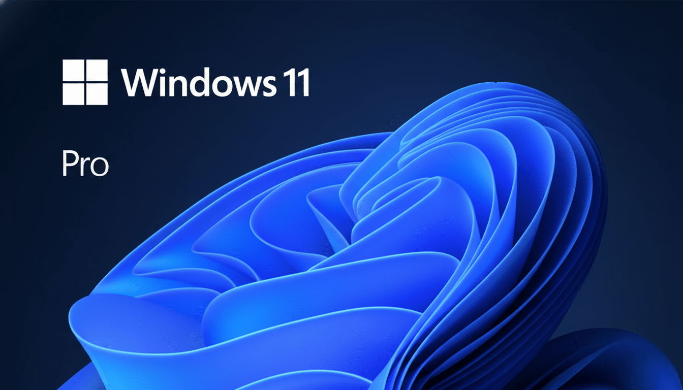 The Windows 11 Pro logo and text on a dark blue background with a stylized blue wave design.