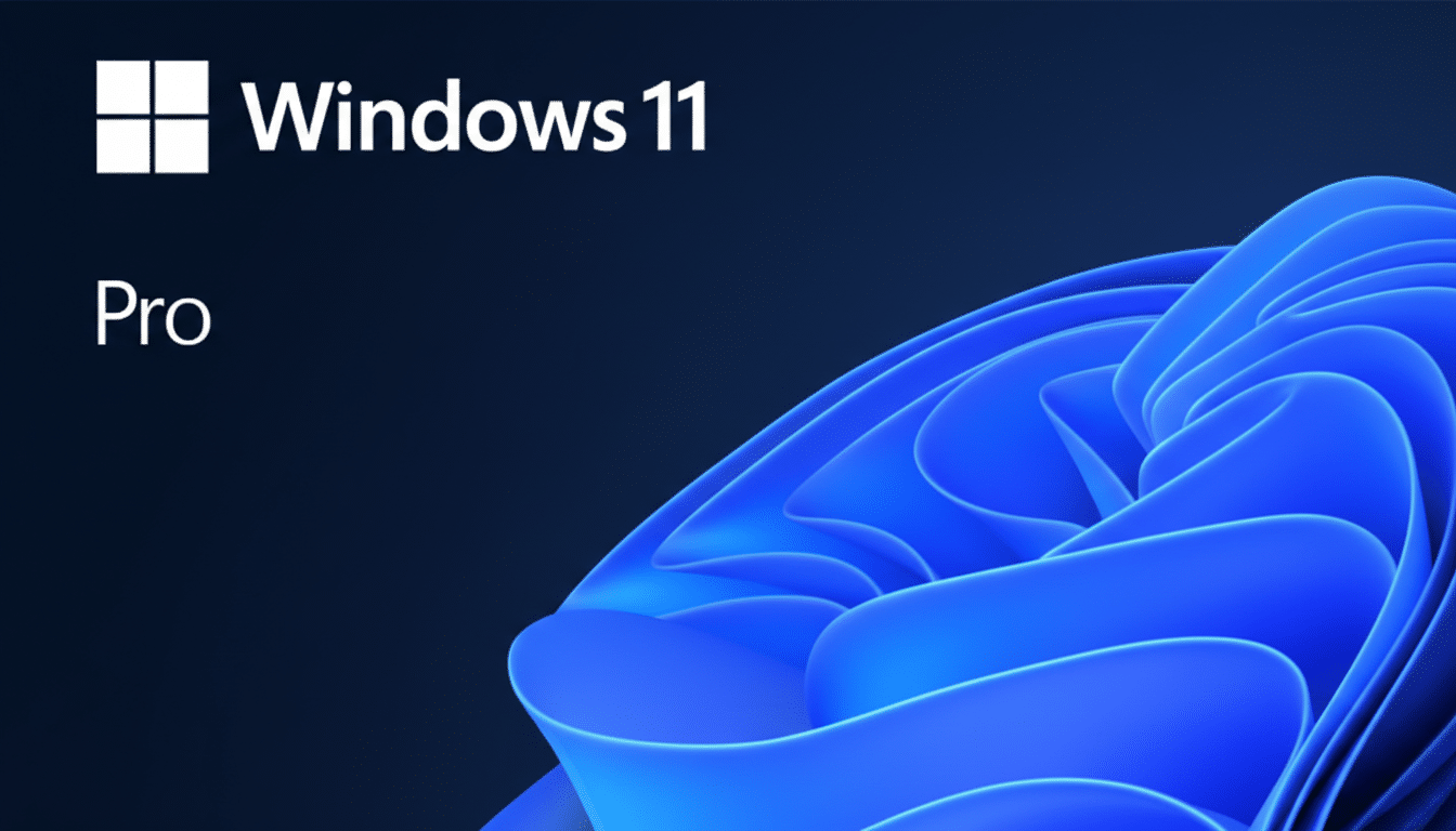 The Windows 11 Pro logo and text on a dark blue background with a stylized blue wave design.