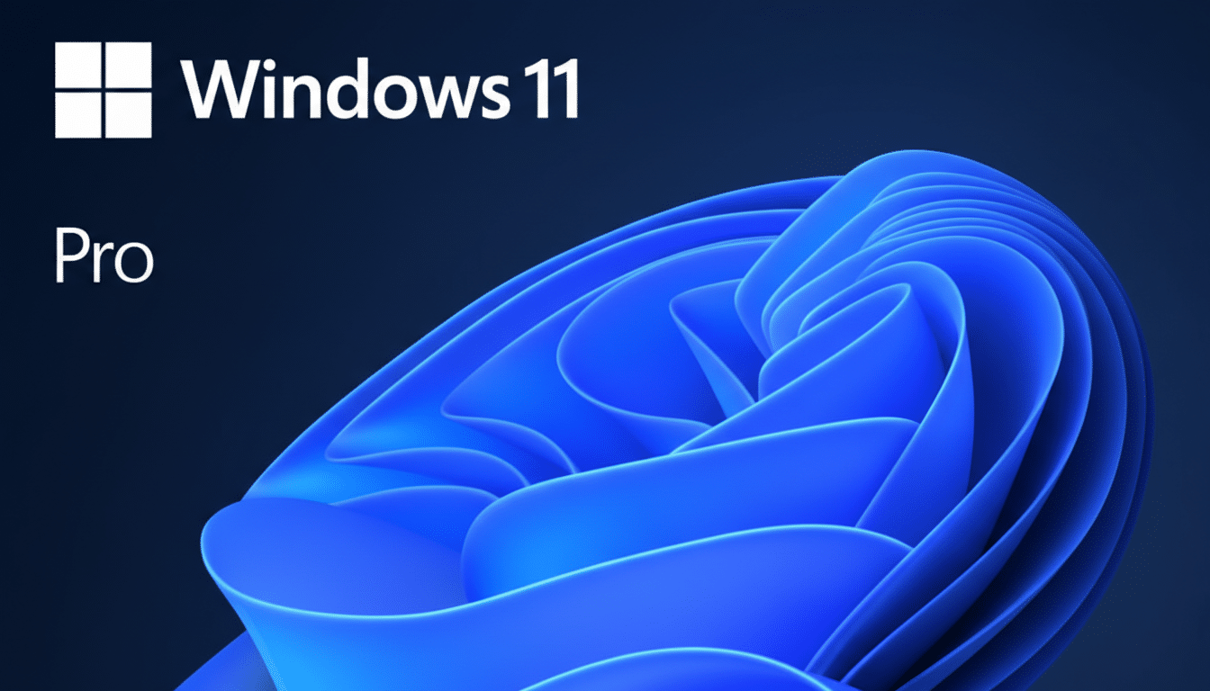 The Windows 11 Pro logo and text are displayed on a dark blue background with a stylized blue wave design.