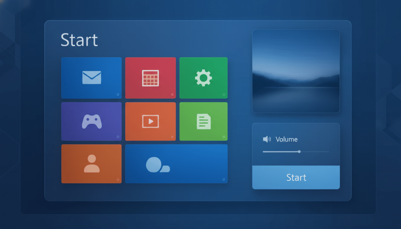 A professionally enhanced image of a Start menu interface with various app icons and system controls, resized to a 16:9 aspect ratio.