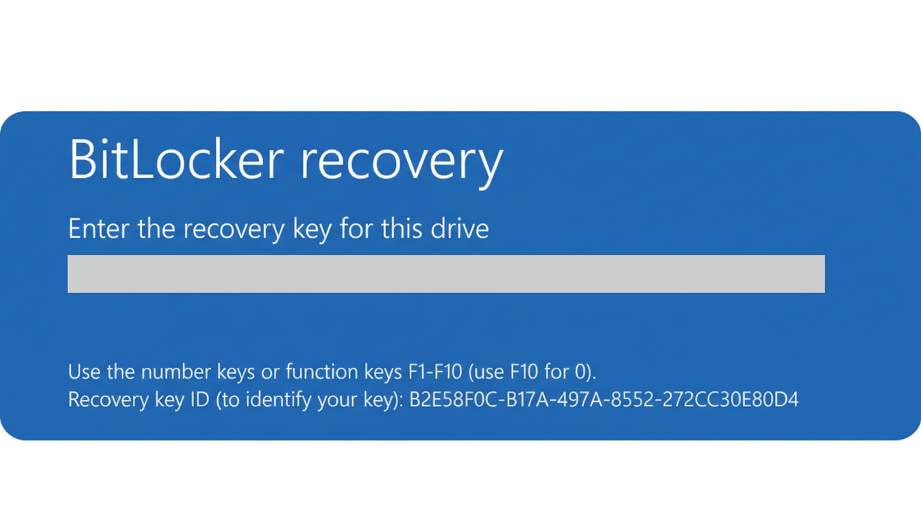 A professional, enhanced image of a BitLocker recovery screen with a 16:9 aspect ratio. The original blue and white interface is preserved, showing the text BitLocker recovery, Enter the recovery key for this drive, a gray input field, and instructions for using number or function keys, along with a recovery key ID. The background is a clean, professional flat design with soft gradients.