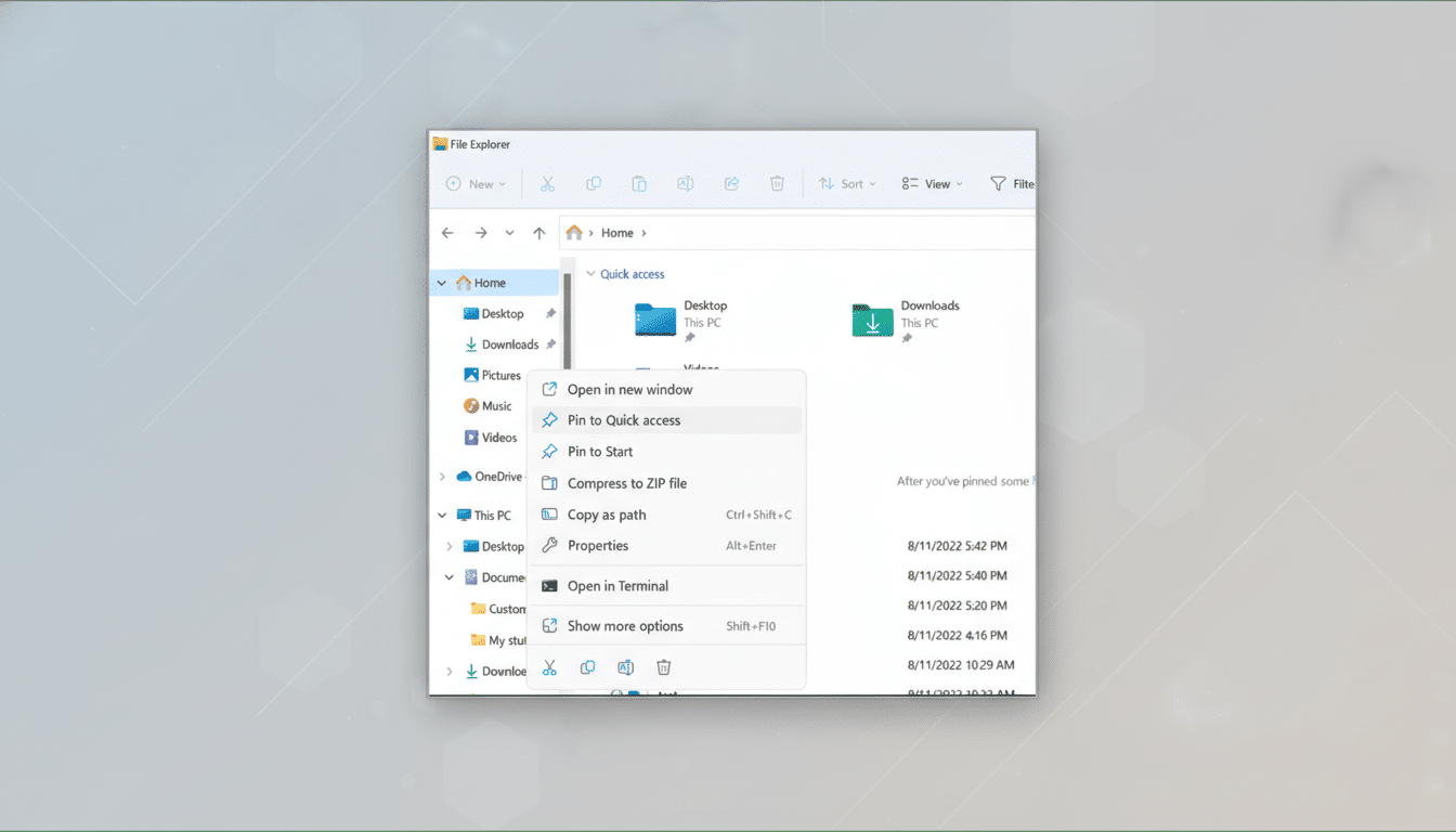 A screenshot of the Windows 11 File Explorer with a context menu open, showing options like Open in new window and Pin to Quick access. The image has been resized to a 16:9 aspect ratio with a professional flat design background.