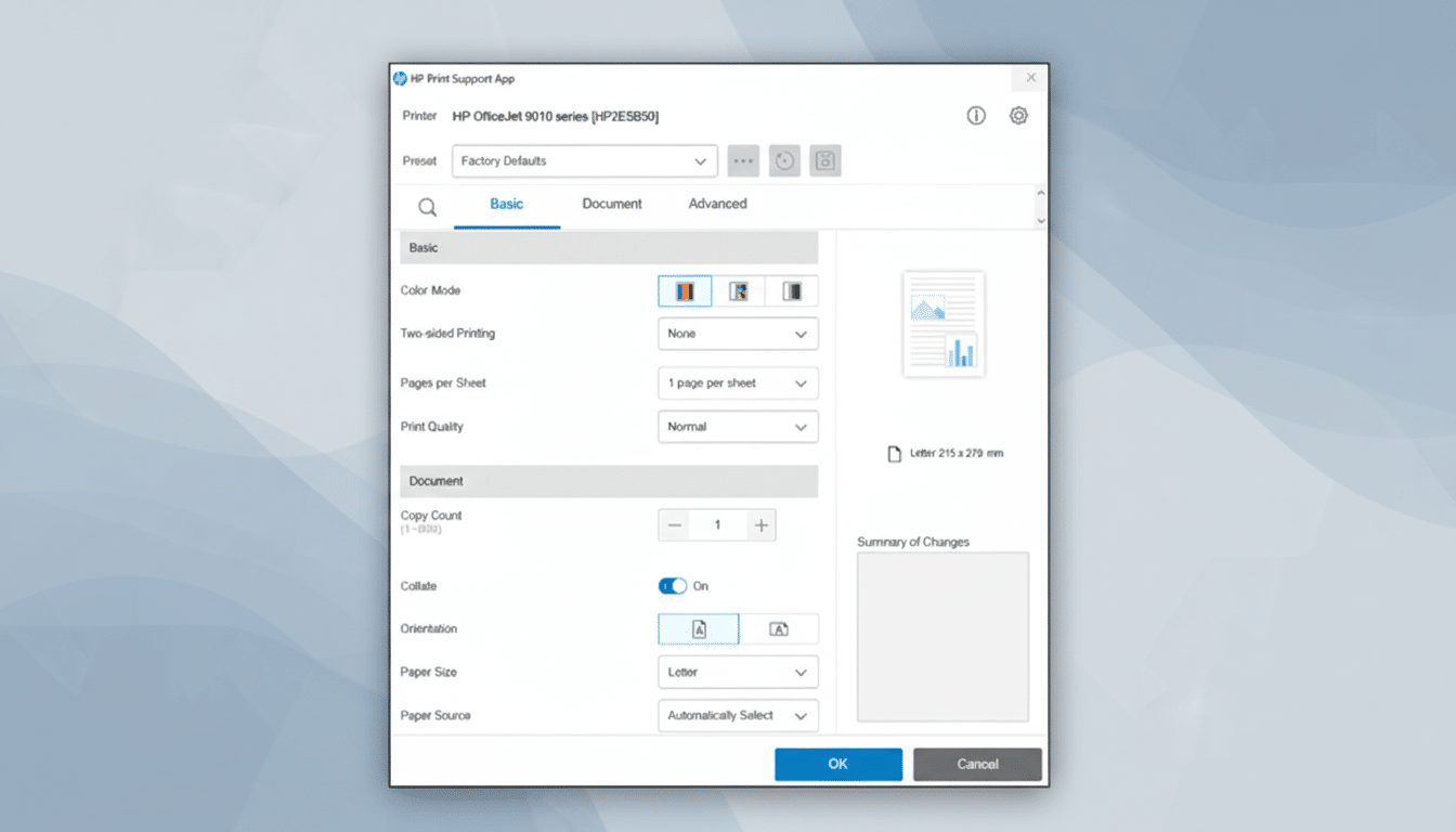 A screenshot of the HP Print Support App interface, showing print settings with a professional flat design background.