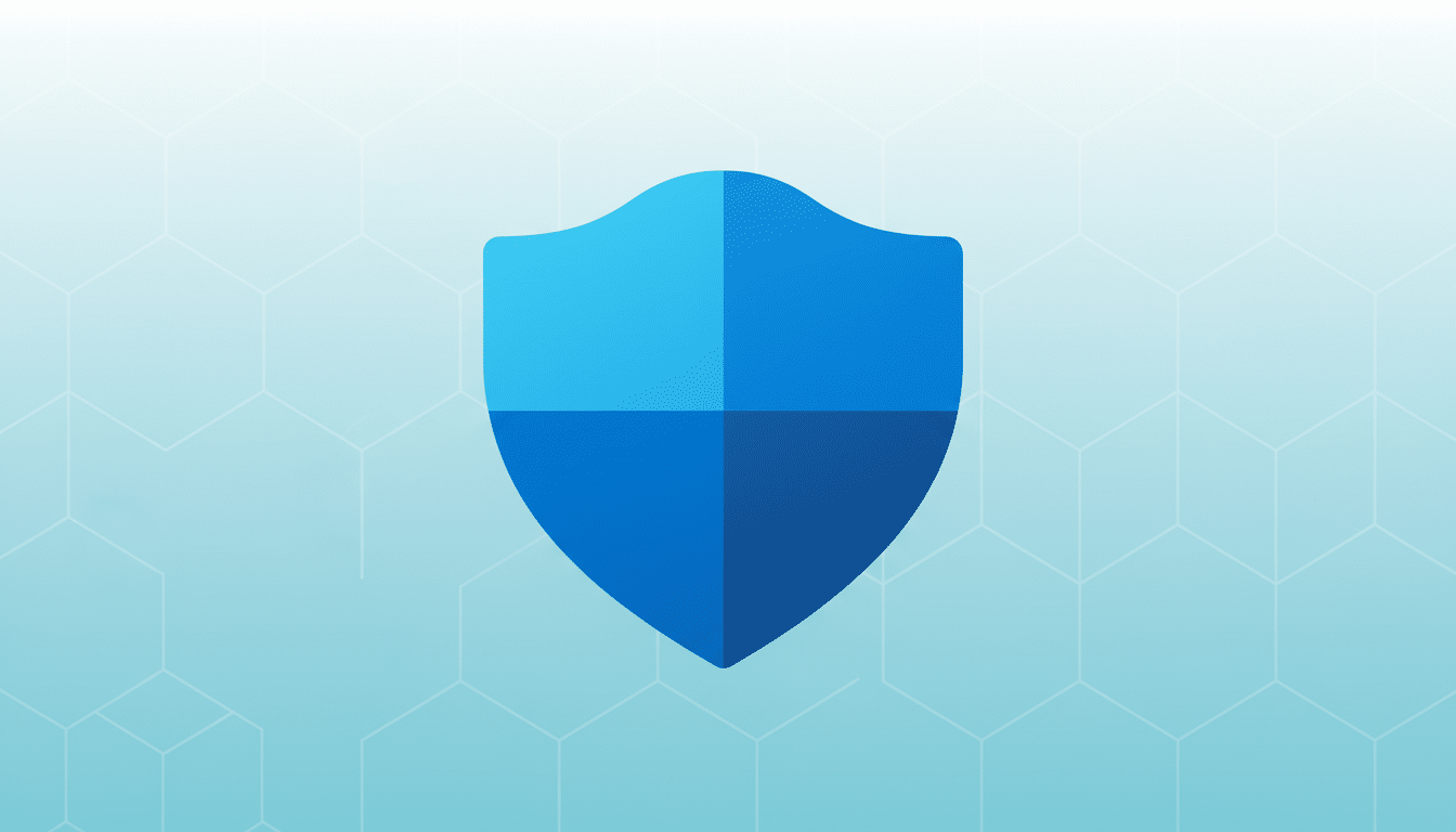 A blue shield icon with four quadrants of varying blue shades, set against a light blue background with a subtle hexagonal pattern.