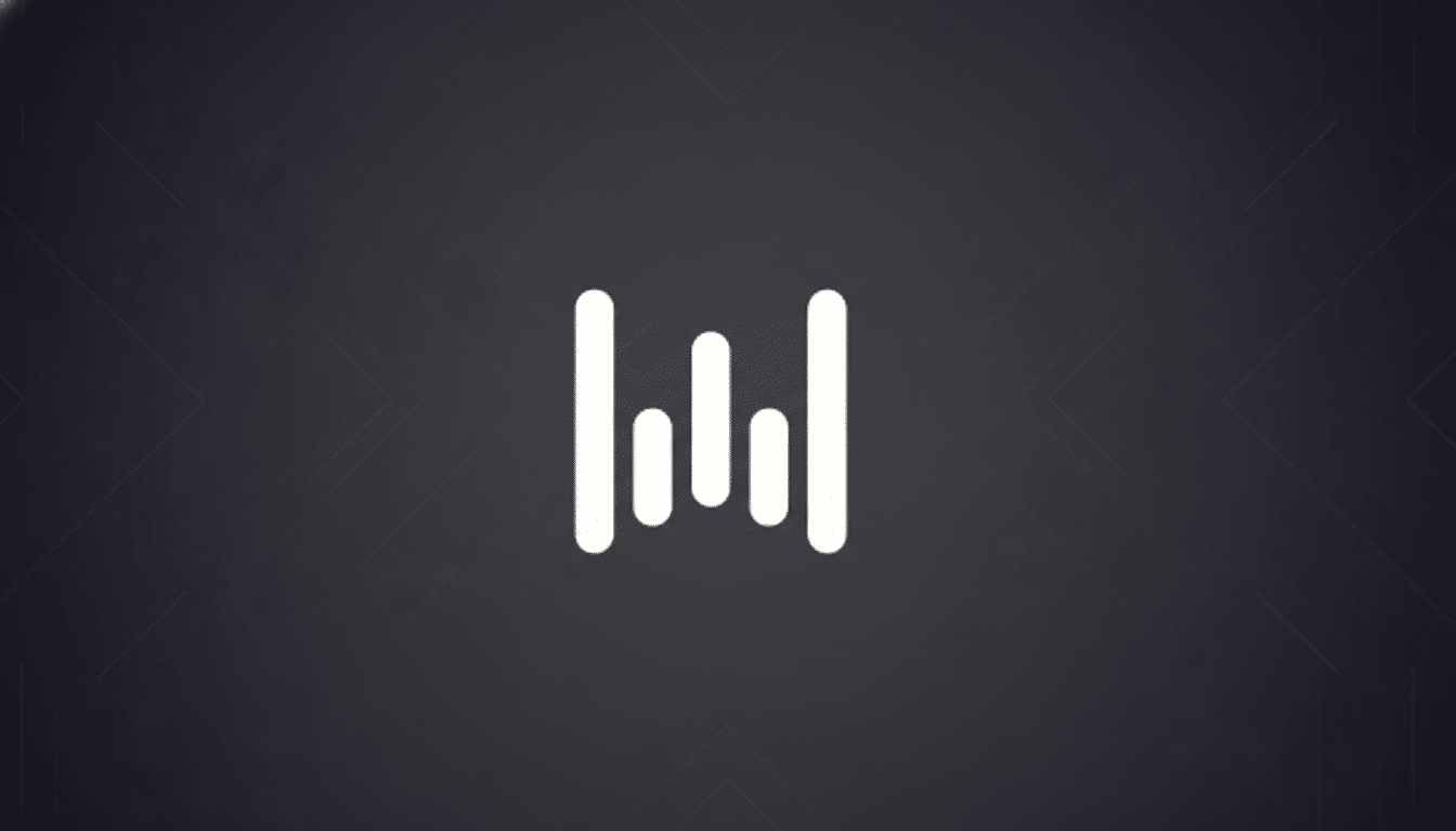 A white abstract logo resembling an audio equalizer on a dark gray background with subtle geometric patterns.
