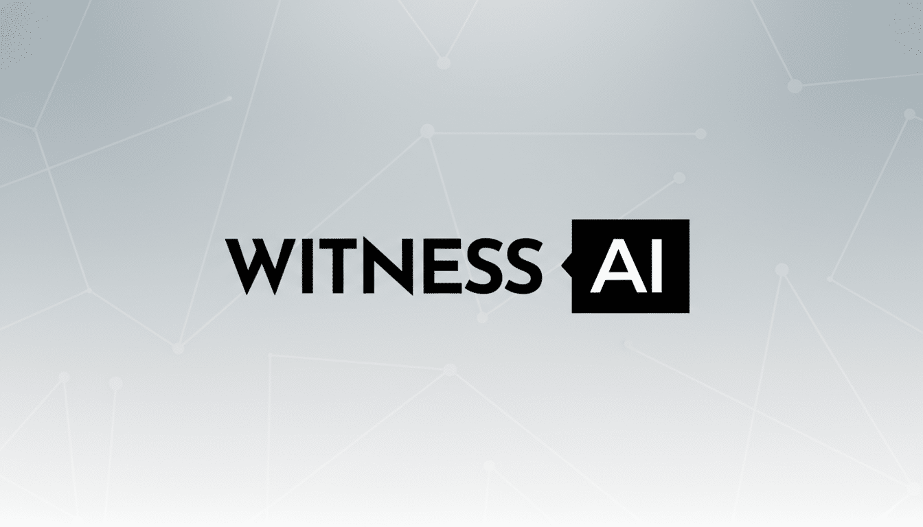 The Witness AI logo, featuring the word WITNESS in black capital letters, followed by a black square containing AI in white capital letters, all set against a professional light gray gradient background with subtle geometric patterns.