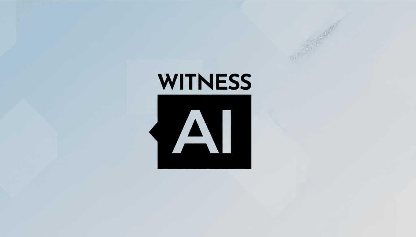 The Witness AI logo, featuring the word WITNESS in black capital letters above a black square with a small triangular cutout on the left, containing the white capital letters AI. The logo is centered on a light blue background with subtle geometric patterns and a soft gradient.