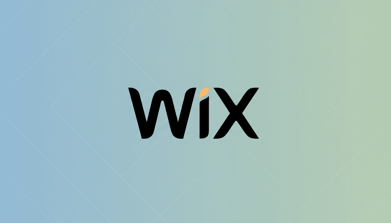 The Wix logo, featuring black stylized letters with a small orange leaf shape above the i, centered on a professional flat design background with a soft blue and green gradient and subtle geometric patterns.