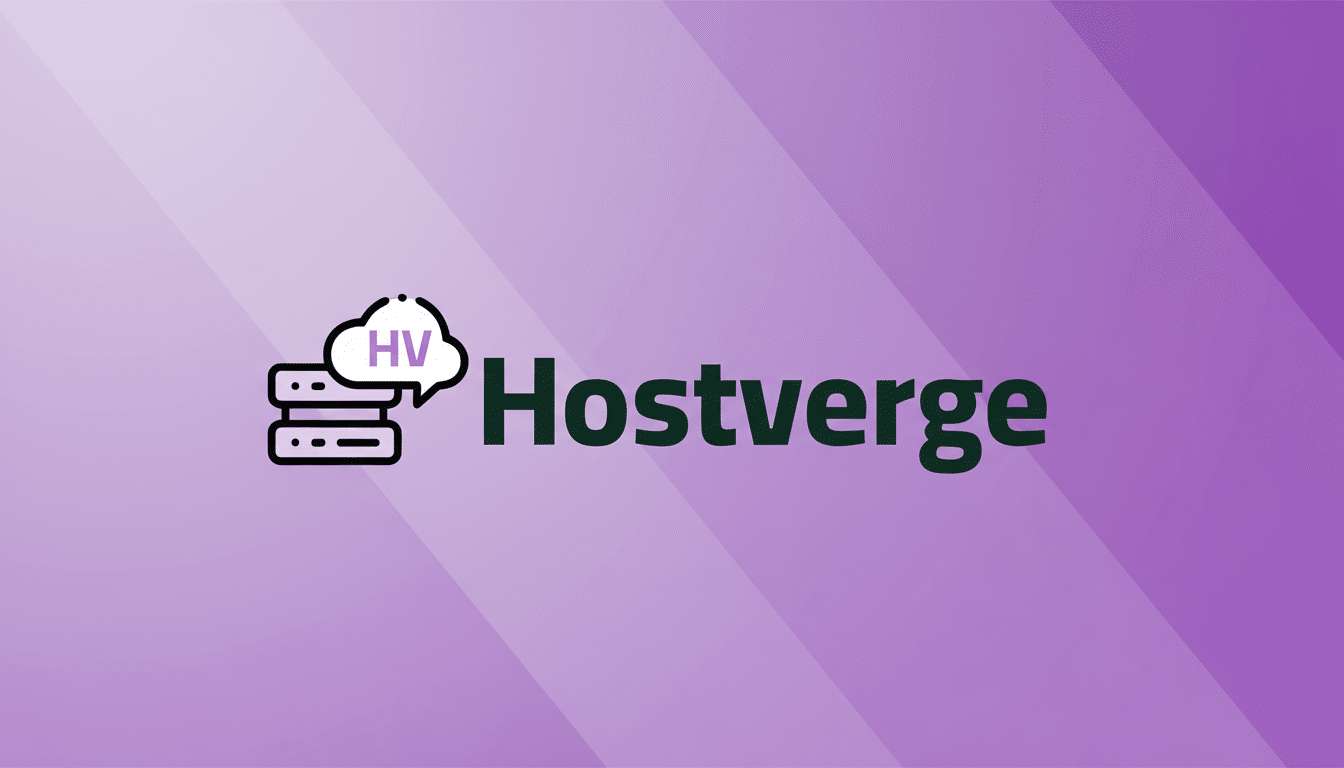 The Hostverge logo, featuring a cloud icon with HV inside and two stacked server racks, alongside the word Hostverge, presented on a purple background with subtle diagonal gradient patterns.
