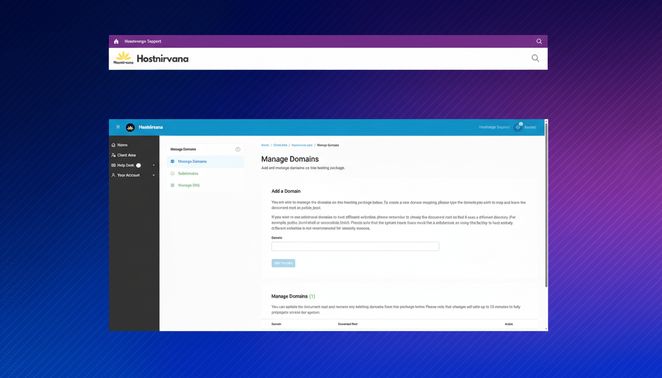 A screenshot of the Hostnirvana website, showing the Manage Domains page with options to add and manage domains. The page features a clean, professional interface with a purple and blue gradient background.