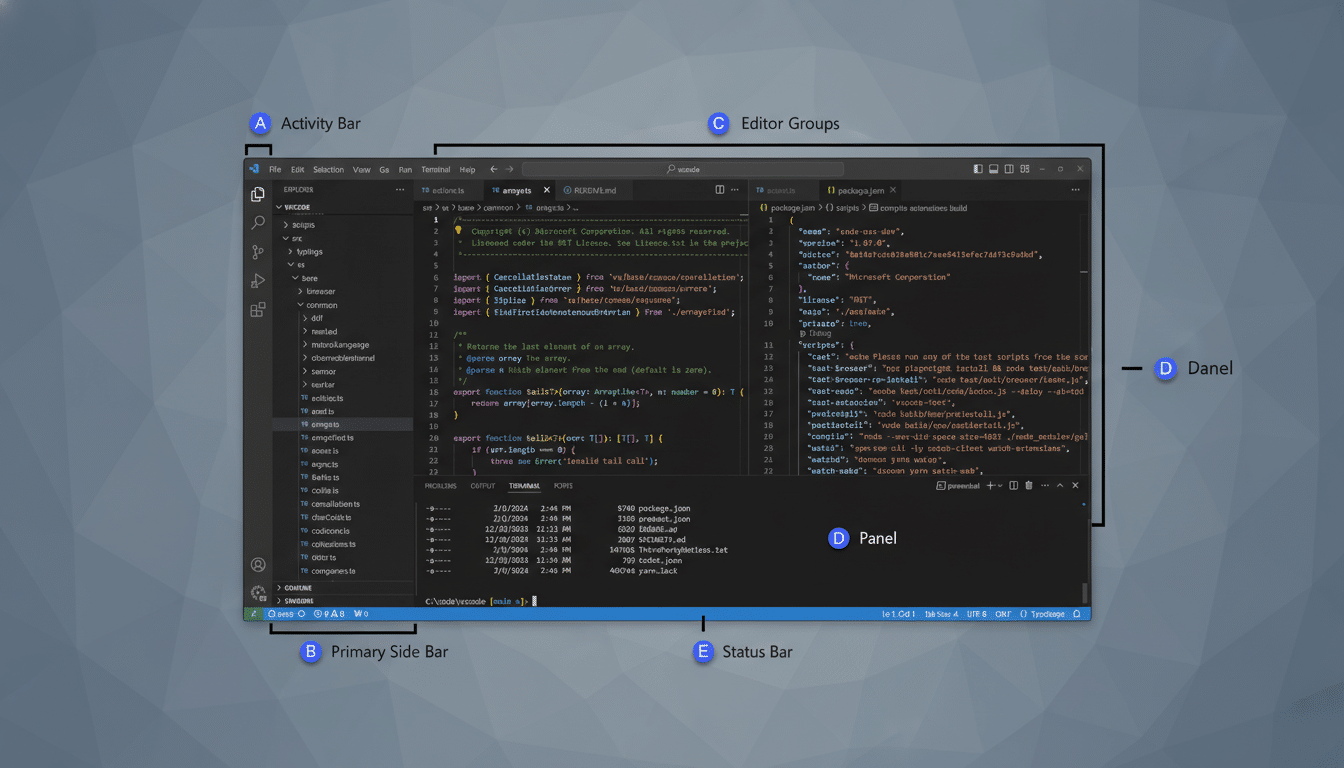 A screenshot of the VS Code interface, featuring an activity bar, primary side bar, editor groups, panel, and status bar, with a professional flat design background.