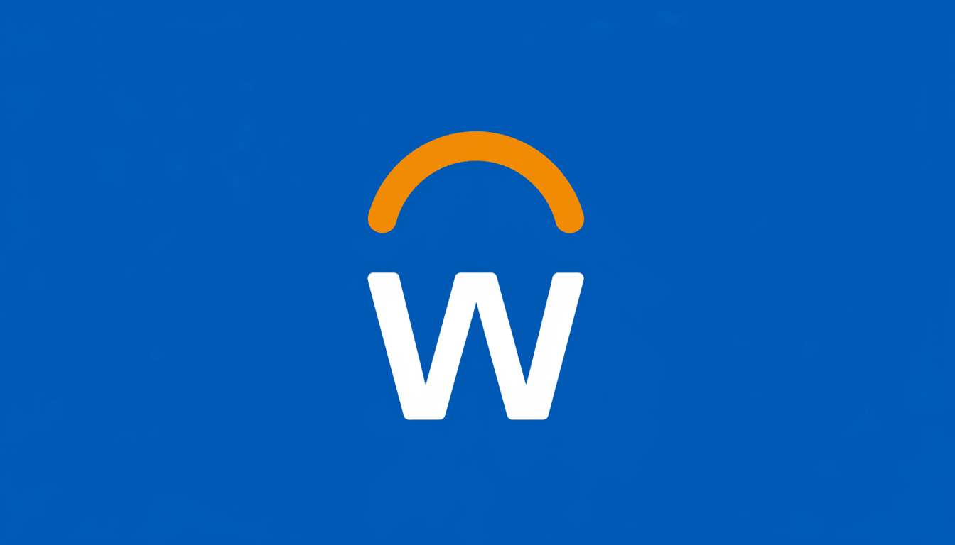 A blue background with a white letter W and an orange arc above it, resized to a 16:9 aspect ratio.