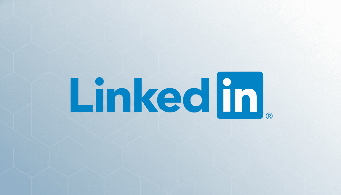 The LinkedIn logo, featuring the word LinkedIn in blue with in enclosed in a blue square, set against a light blue and white gradient background with a subtle hexagonal pattern.