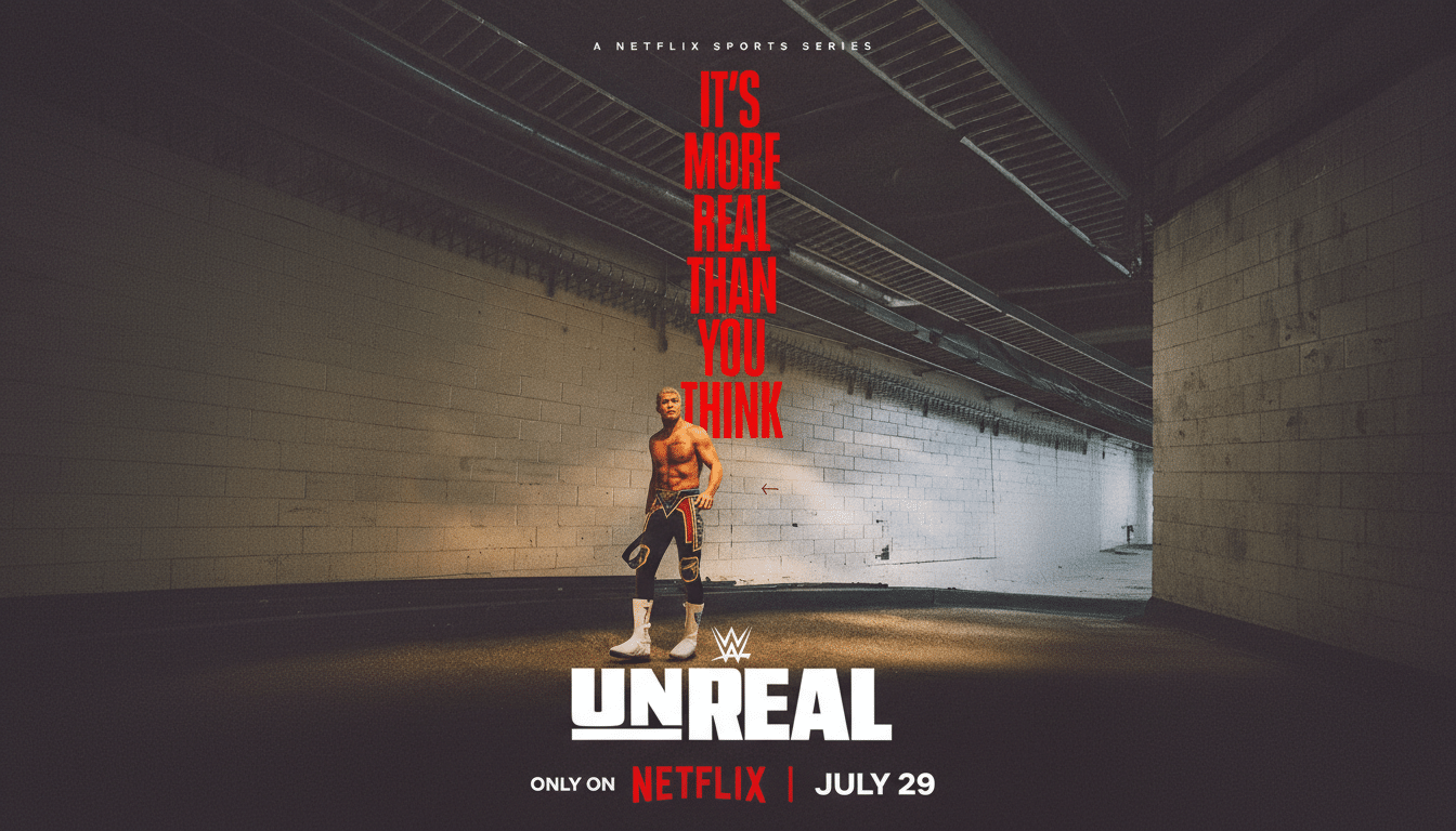 A promotional image for the Netflix series UNREAL featuring a wrestler standing in a dimly lit tunnel, resized to a 16:9 aspect ratio.