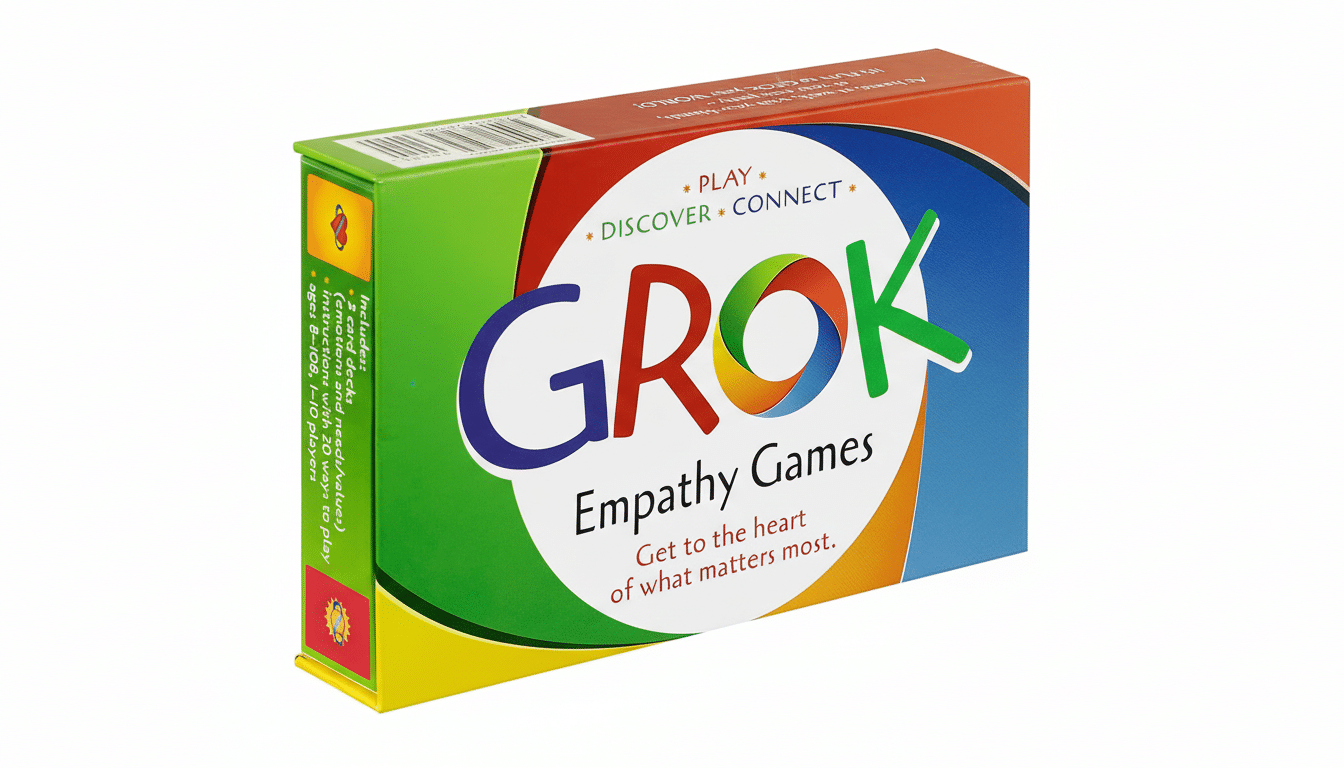 A professionally enhanced image of the GROK Empathy Games box, resized to a 16:9 aspect ratio with a clean white background.