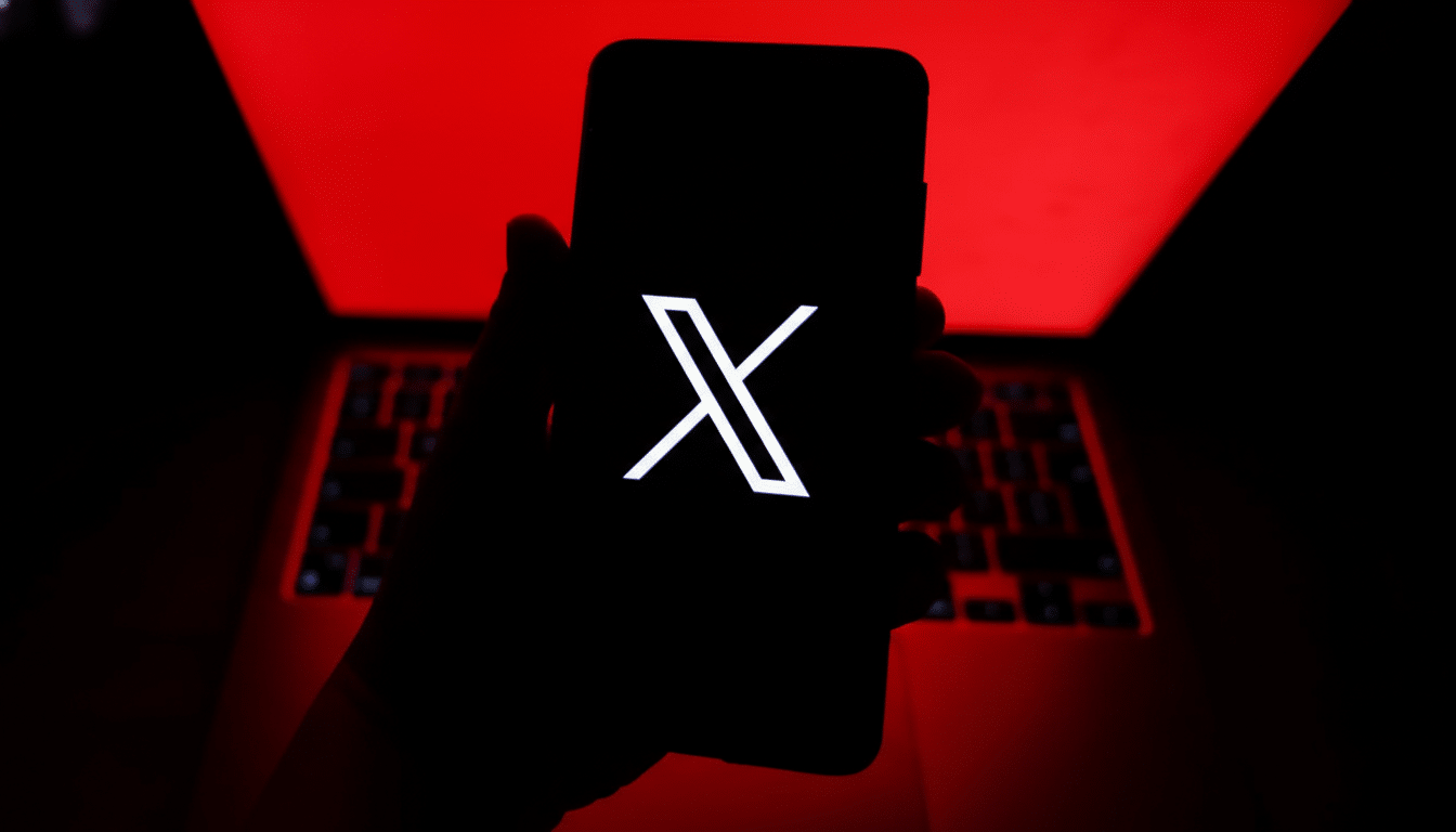 A hand holding a smartphone displaying the white X logo against a dark background, with a red-lit laptop keyboard visible in the blurred background.