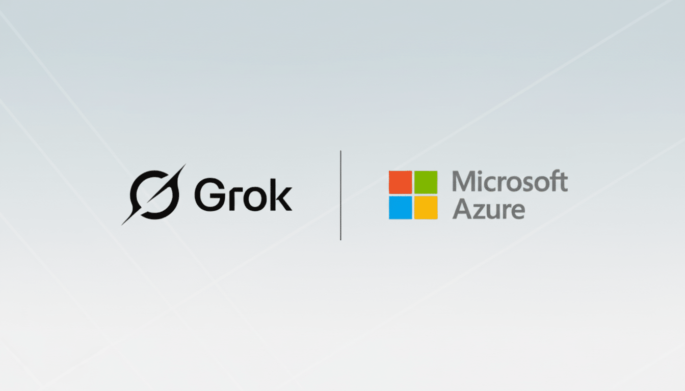 The Grok logo and the Microsoft Azure logo are displayed side-by-side on a light gray background with subtle geometric patterns.