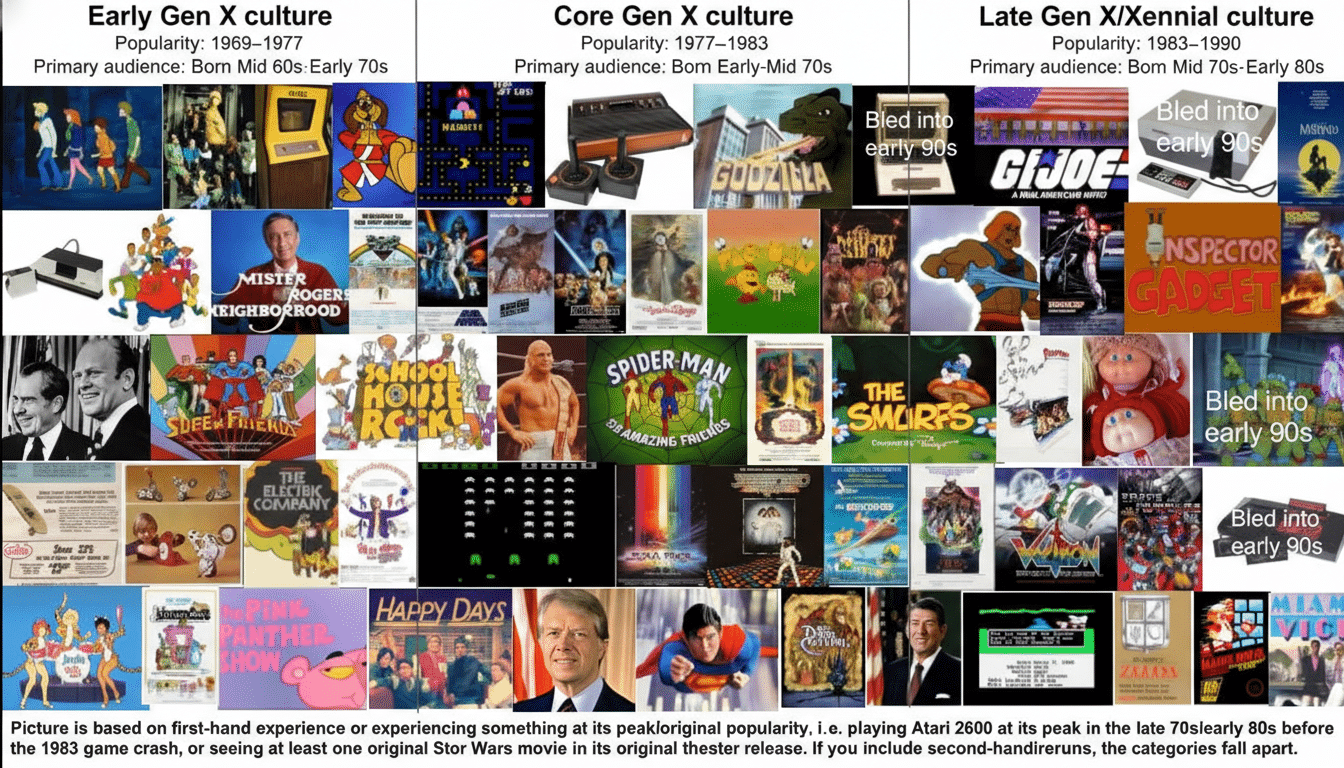 A collage of images representing Early Gen X culture, Core Gen X culture, and Late Gen X/Xennial culture, with each section displaying various pop culture references like TV shows, movies, video games, and toys from the specified eras.
