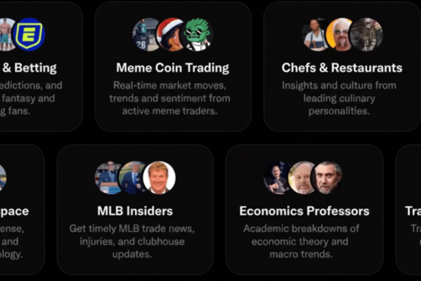 A grid of nine dark-themed cards, each featuring a circular profile picture or icon and a category title with a brief description. Categories include Fantasy & Betting, Meme Coin Trading, Chefs & Restaurants, Aerospace, MLB Insiders, and Economics Professors.