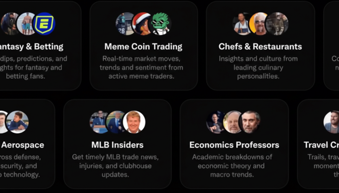 A grid of nine dark-themed cards, each featuring a circular profile picture or icon and a category title with a brief description. Categories include Fantasy & Betting, Meme Coin Trading, Chefs & Restaurants, Aerospace, MLB Insiders, and Economics Professors.