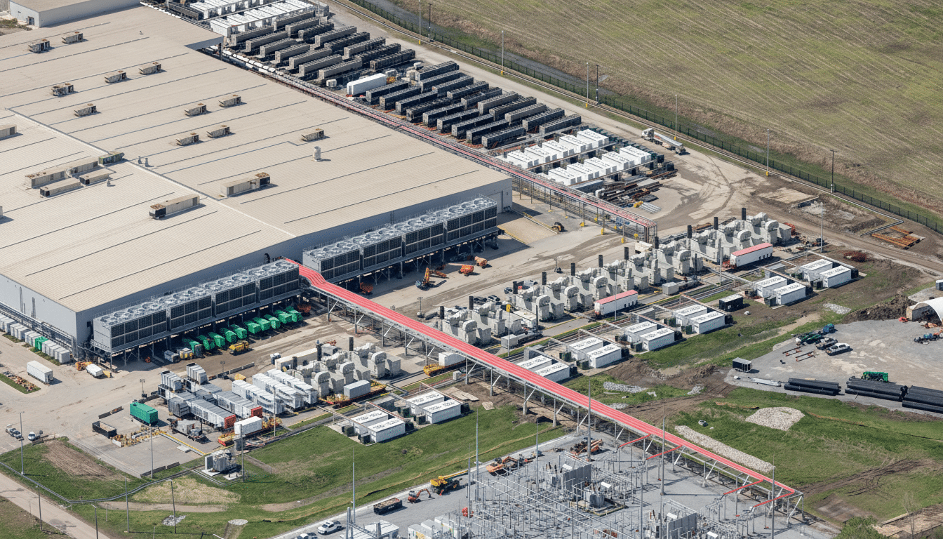 An aerial view of a large industrial complex with multiple buildings, cooling units, and a red elevated walkway, surrounded by green fields and a substation.