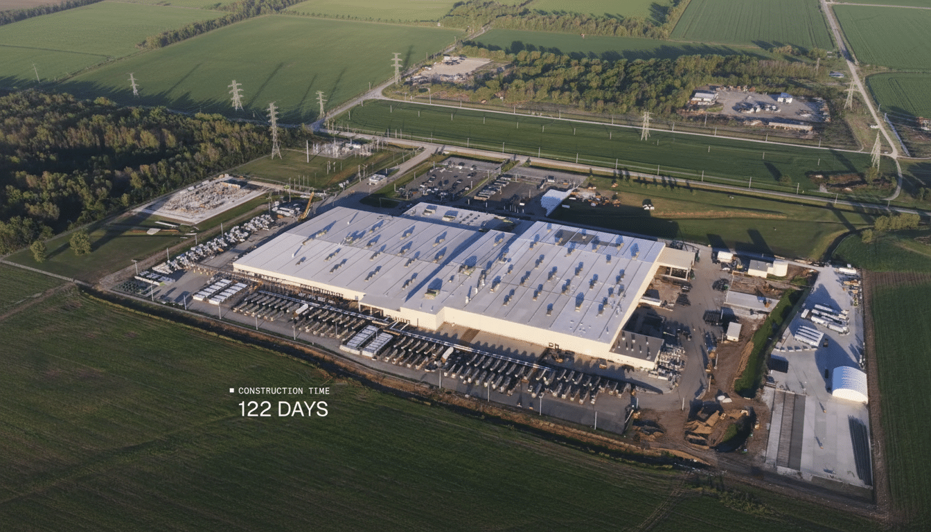 An aerial view of a large industrial building surrounded by green fields and a few trees, with a power station in the background. The building has a light-colored roof with numerous vents, and several trucks are parked in rows along one side. The text CONSTRUCTION TIME 122 DAYS is visible in the bottom left corner.
