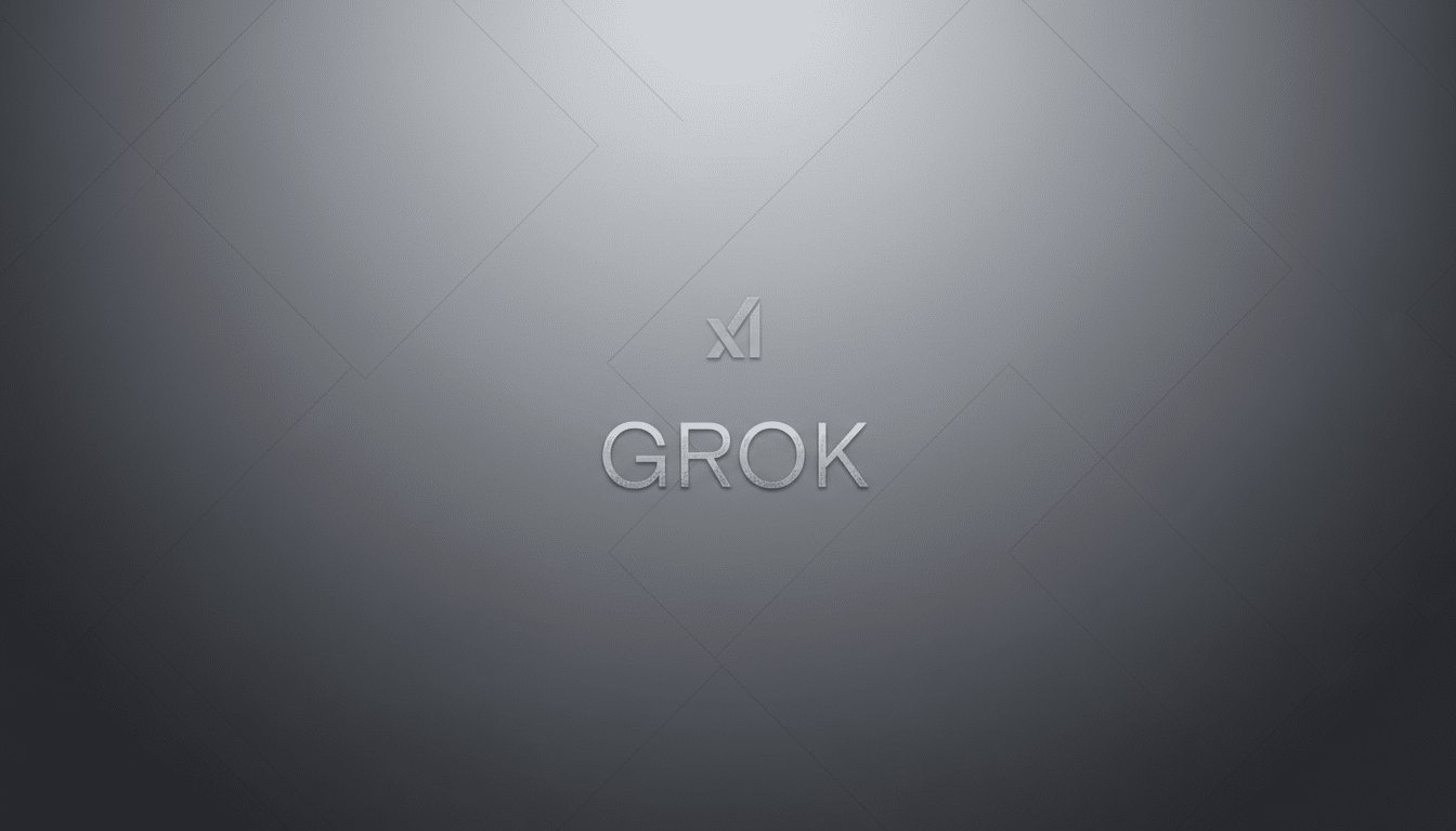 The Grok AI logo, featuring the word GROK in a metallic silver font with a subtle gradient, centered below a stylized X and I icon. The background is a professional flat design with soft gray gradients and subtle geometric patterns, enhancing the logos presentation.