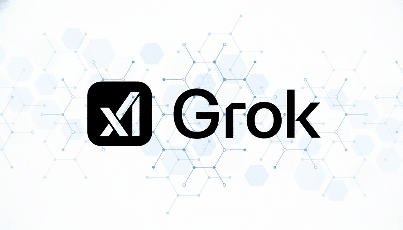 The Grok logo, featuring a stylized black X in a rounded square icon next to the word Grok in black text, set against a white background with a subtle blue hexagonal pattern.